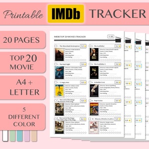 May include: Printable IMDb movie tracker with a pink header. The tracker includes 20 pages, top 20 movies, A4 and letter sizes, and 5 different colour options. The tracker lists movies with ratings and space for watching dates.