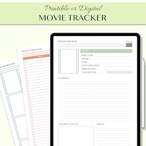 Rastreador de películas digital o imprimible, Diario de películas, Revisión de películas, Registro de películas, Películas para ver, Orden de visualización de películas, Lista de películas, A4 y Carta