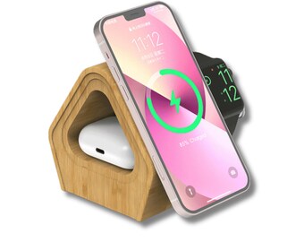 3-In-1 Sustainable Recycled Bamboo Wireless Charging Station for Smartphone 15/14/13/12, for Smart Watch 8/7/6/5/4/3/2/SE and for Airpods