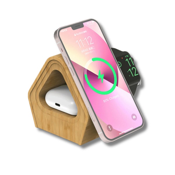 3-In-1 Sustainable Recycled Bamboo Wireless Charging Station for Smartphone 15/14/13/12, for Smart Watch 8/7/6/5/4/3/2/SE and for Airpods