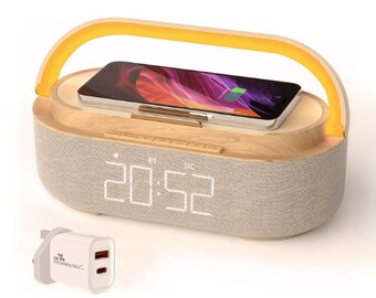 Oak Wood Clock Radio With Alarm, Wireless Charging, Bluetooth Speaker, 3 Mode LED Lighting And Adjustable Phone Stand