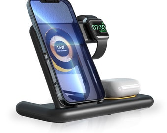 The TravelCharge - Fast 3-in-1 Wireless Charging Stand for Smartphone, Smart Watch And Airpods With Adjustable Mood Light And Foldaway Stand