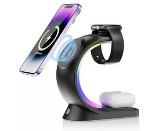 Tech Gift Office Aesthetic Décor Ambient Lamp Desk Light LED, iPhone Smartwatch And Air Pods Charger.