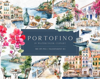 Portofino Clipart, Watercolor Portofino Clipart, Watercolor Clipart, Commercial Use, POD Friendly, Transparent PNGs, Instant Download