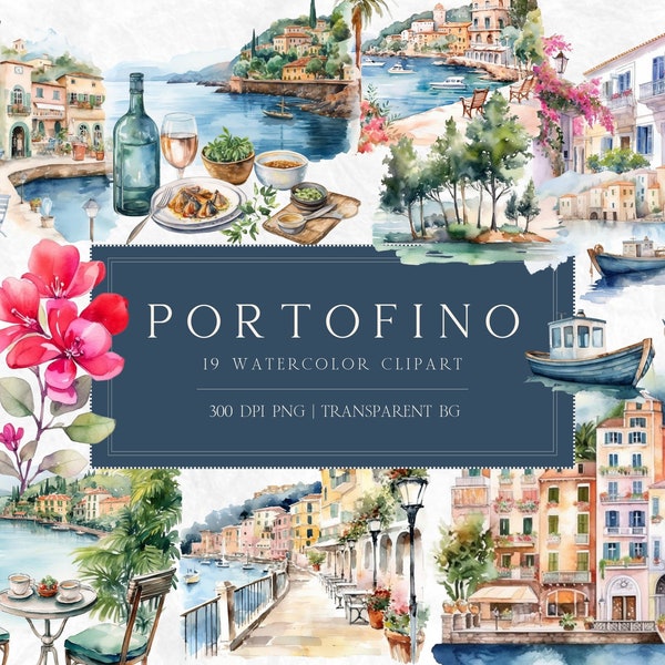 Portofino Clipart, Watercolor Portofino Clipart, Watercolor Clipart, Commercial Use, POD Friendly, Transparent PNGs, Instant Download