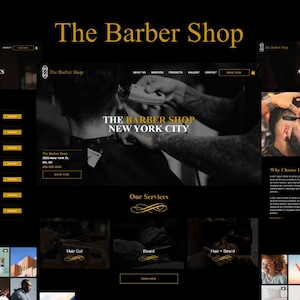 May include: Website homepage for a barber shop called "The Barber Shop" in New York City. The website features a black and gold colour scheme with images of barbers cutting hair and a list of services offered.