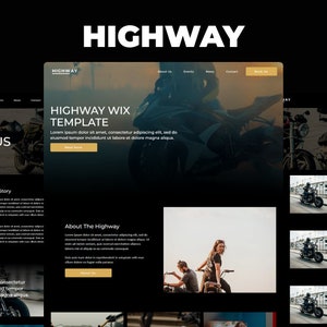 Puede incluir: Plantilla de diseño de sitio web para un club de motociclismo o un evento con un fondo negro, imágenes de motocicletas y texto que dice "Highway Wix Template", "Acerca de nosotros", "Eventos" y "20-23".
