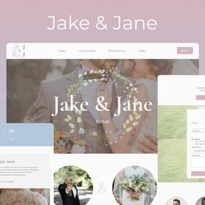 May include: Website design for a wedding, featuring the text "Jake & Jane" in a soft, elegant font. The design includes sections for a gift registry and RSVP, with images of a couple and floral arrangements.