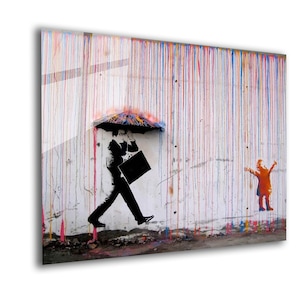 Banksy Umbrella Man Rainbow Rain Tempered Glass Wall Art