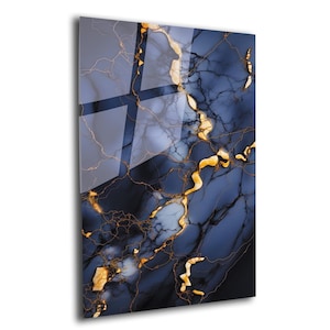 Blue Gold Abstract Marble Tempered Glass Wall Art, Blue Gold Marble Glass Wall Decor, Abstract Marble Glass Wall Hanging, Ready to Hang