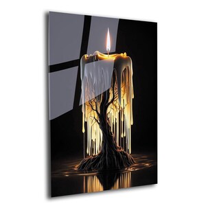 May include: A candle with a tree growing out of it, the wax is dripping down the sides of the candle and the tree. The candle is lit and the flame is casting a warm glow on the tree and the wax.