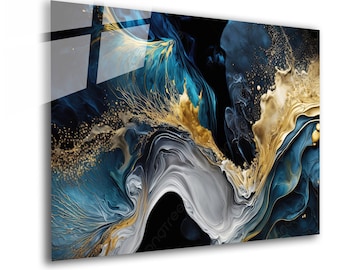 Extra Large Tempered Glass Wall Art: Abstract Liquid Marble, Blue and Gold