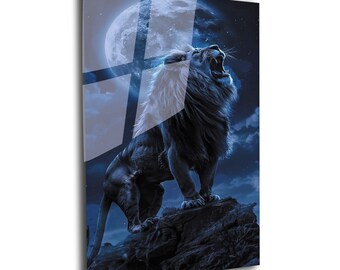May include: A black lion roars with its mouth open, standing on a rocky cliff against a dark blue night sky with a full moon in the background.