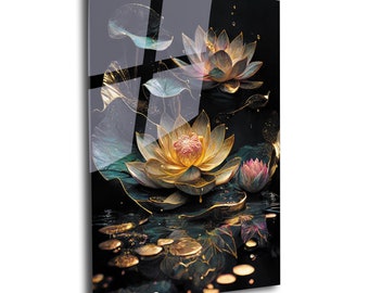 Neon Lotus Flower Glass Wall Art: Modern Floral Print - Etsy