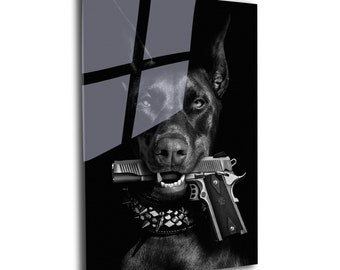 Doberman Tempered Glass Wall Art: Mafia Dog Home Decor