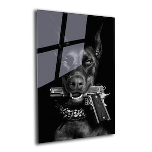 Arte murale in vetro temperato con cane, arte murale con doberman, arredamento per la casa, poster con cane, stampa su vetro, regalo per amanti dei cani, arte murale, cane mafioso, cane nero