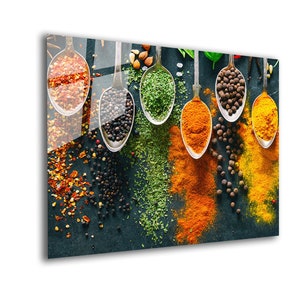 Tempered Mega Size Glass Painting Wall Art-Natural And Vivid Wall Decor-Kitchen Wall Art-Spoon Spices Wall Art-Food Wall Art-Aluminum Frame