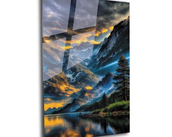 Gehärtetes Glas mit Seeblick, Wandkunst: Berglandschaft