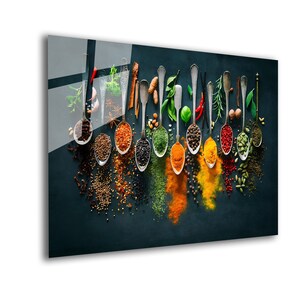 Tempered Mega Size Glass Painting Wall Art-Natural And Vivid Wall Decor-Kitchen Wall Art-Spoon Spices Wall Art-Food Wall Art-Aluminum Frame