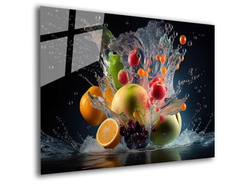 Fruits Splash Tempered Glass Wall Art: Modern Kitchen Decor