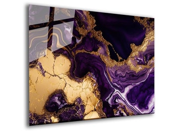 Purple and Gold Abstract Tempered Glass Wall Art: Alcohol Ink Decor