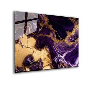 Purple and Gold Abstract Tempered Glass Wall Art: Alcohol Ink Decor