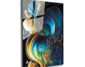 Blue Silver Abstract Marble Tempered Glass Wall Art