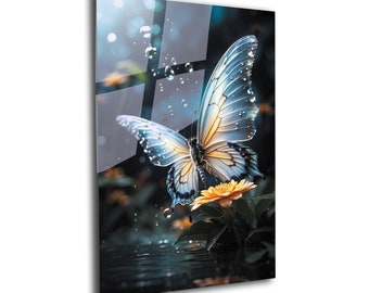 Blue Butterfly Glass Wall Art: Tempered Glass Print