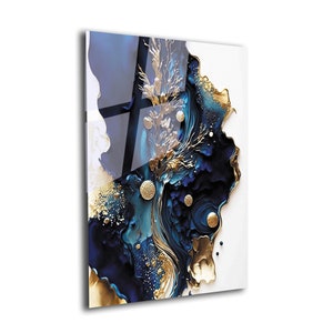 Abstract Gold & Navy Blue Glass Wall Art: Modern Home Decor