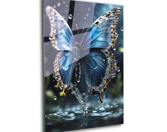 Blue Butterfly Tempered Glass Wall Art: Modern Room Decor