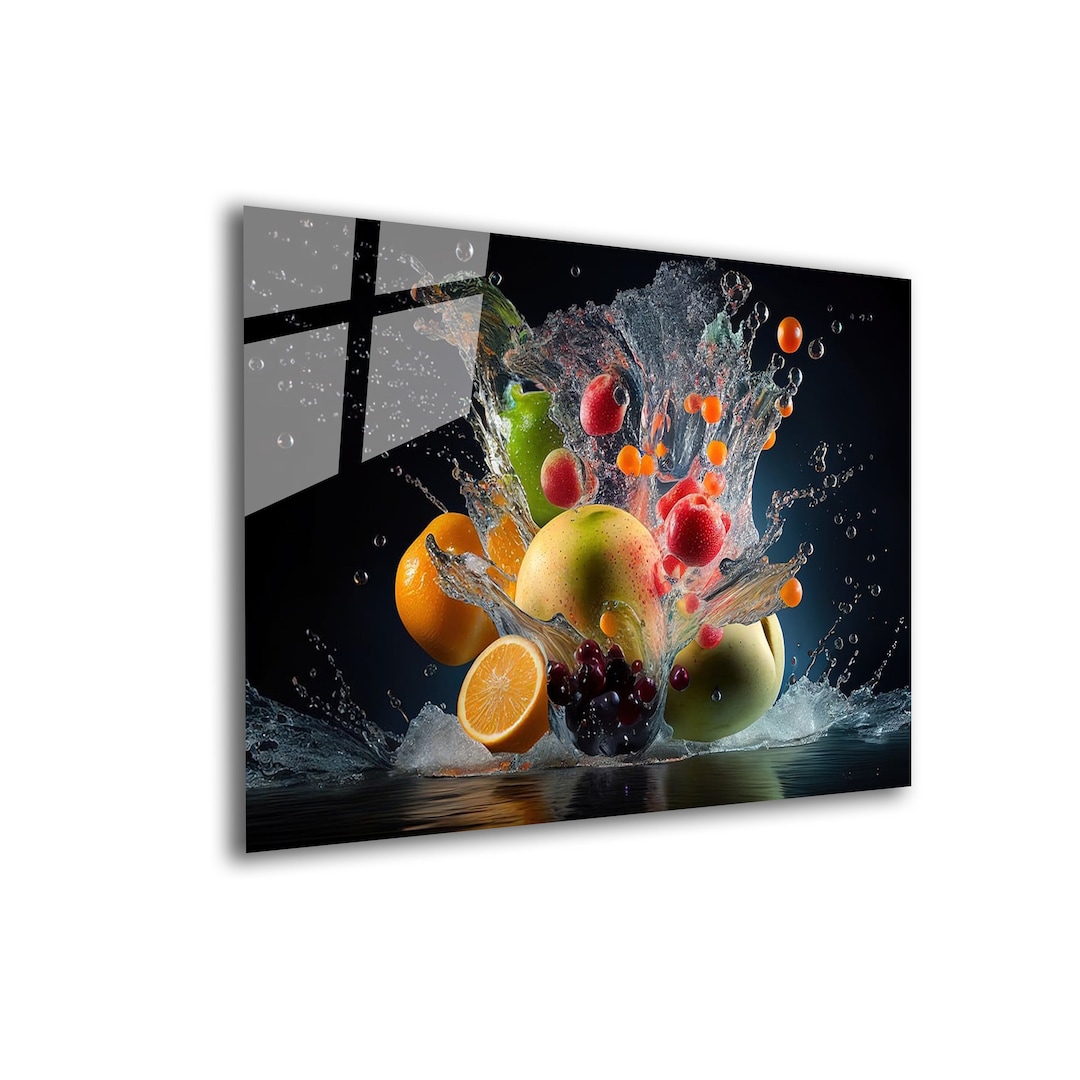 Tempered Glass Wall Art Fruits Splash Print Large Glass Wall Art