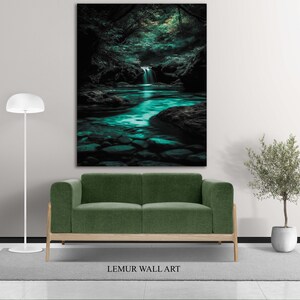 May include: A large wall art print depicting a serene waterfall scene with turquoise water and lush green foliage. The artwork is displayed above a green sofa with wooden legs, a white floor lamp, and a small potted tree. The text "LEMUR WALL ART" is at the bottom.