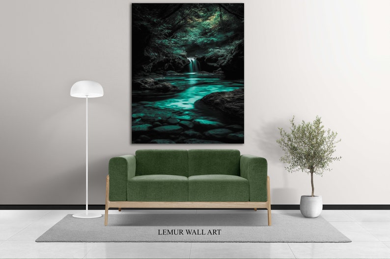 May include: A large wall art print depicting a serene waterfall scene with turquoise water and lush green foliage. The artwork is displayed above a green sofa with wooden legs, a white floor lamp, and a small potted tree. The text "LEMUR WALL ART" is at the bottom.