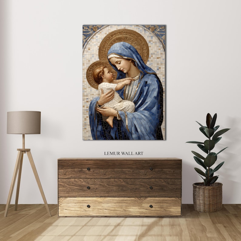 May include: A mosaic wall art print depicting the Virgin Mary holding a baby Jesus. The artwork features a blue and gold color scheme with a detailed mosaic pattern.