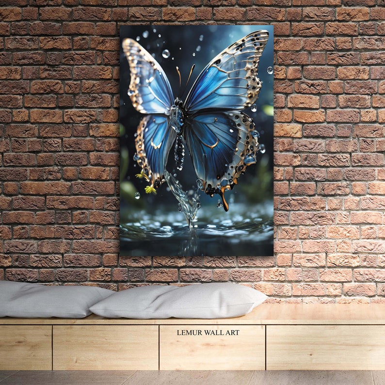 May include: A blue butterfly with gold accents is perched on a water droplet. The butterfly's wings are spread wide, and the water droplets are sparkling. The background is a dark blue, and the image is a close-up.