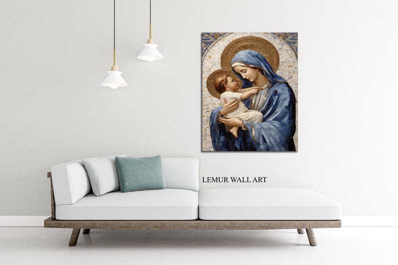 May include: A painting of the Virgin Mary holding a baby Jesus. The painting is done in a mosaic style with gold and blue tones. The painting is framed and hanging on a white wall.