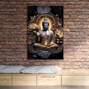 May include: A golden Buddha statue sits in a meditative pose surrounded by intricate floral carvings. The statue is illuminated by a warm light, creating a serene and spiritual atmosphere.