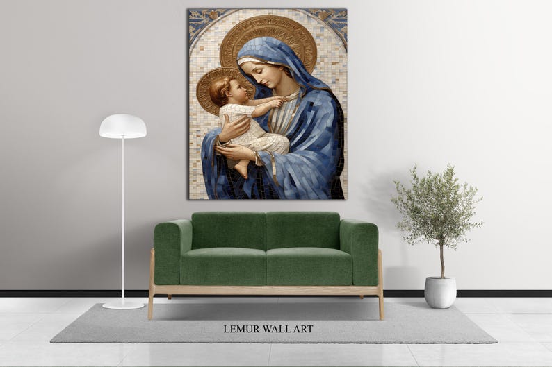 May include: A painting of a woman in a blue robe holding a child. The painting is framed and has a gold background.