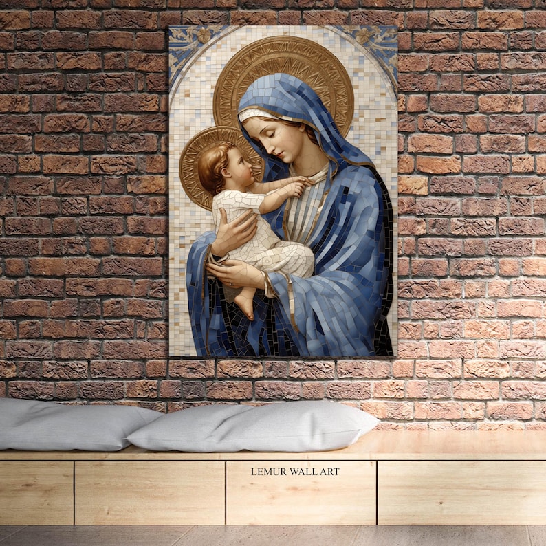 May include: A mosaic artwork depicting the Virgin Mary holding the baby Jesus. The artwork is framed and features a blue and gold color scheme.