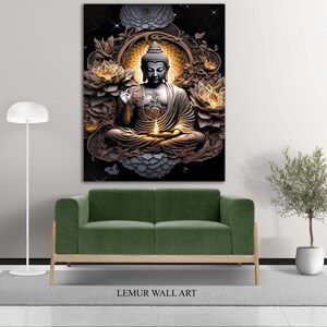 May include: A golden Buddha statue sits in a meditative pose surrounded by lotus flowers. The statue is set against a black background with a starry sky. The image is a digital illustration.