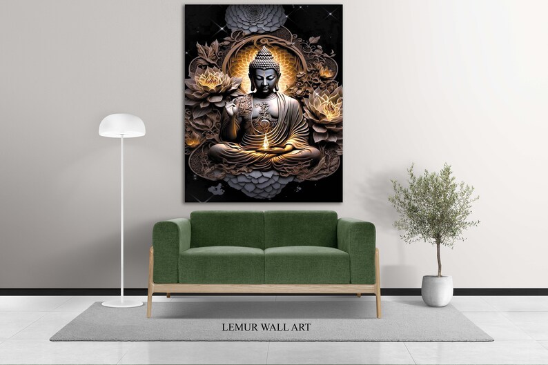 May include: A golden Buddha statue sits in a meditative pose surrounded by lotus flowers. The statue is set against a black background with a starry sky. The image is a digital illustration.