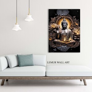 May include: A golden Buddha statue sits in a meditative pose surrounded by lotus flowers and intricate details. The statue is set against a black background with a subtle glow emanating from the Buddha.