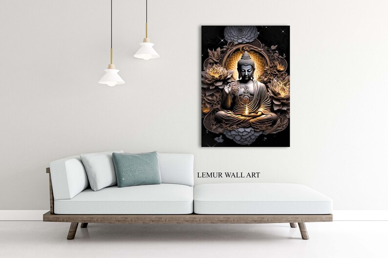 May include: A golden Buddha statue sits in a meditative pose surrounded by lotus flowers and intricate details. The statue is set against a black background with a subtle glow emanating from the Buddha.