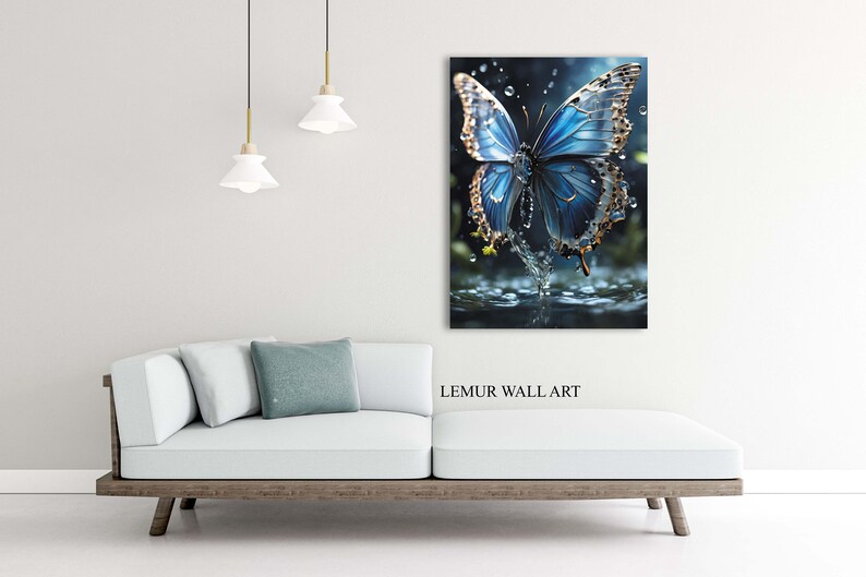 May include: A blue butterfly with gold accents is landing on a water surface. Water droplets are falling around the butterfly. The image is titled "LEMUR WALL ART".