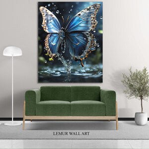 May include: A blue butterfly with gold accents is shown in mid-air, with water droplets falling around it. The butterfly is landing on a body of water, creating a splash.