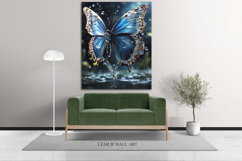 May include: A blue butterfly with gold accents is shown in mid-air, with water droplets falling around it. The butterfly is landing on a body of water, creating a splash.