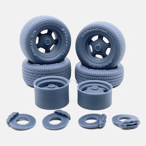 1/24 Resin 15 inch American Racing Hammer Wheels, BFGoodrich Radial T/A Tires, and Brakes, Classic Muscle Car, Drag Racing, 1:24 scale model