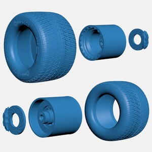 May include: A set of four blue rubber tires with a tread pattern. The tires are designed for a small vehicle, such as a go-kart or toy car. The tires are shown with their corresponding rims and brake discs.