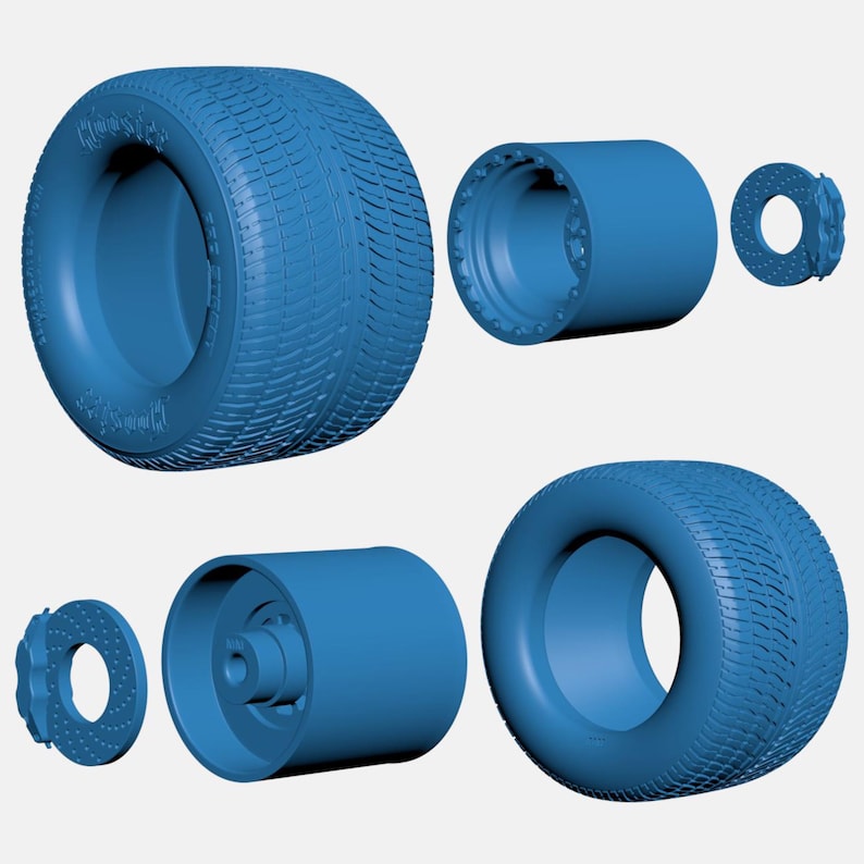 May include: A set of four blue rubber tires with a tread pattern. The tires are designed for a small vehicle, such as a go-kart or toy car. The tires are shown with their corresponding rims and brake discs.