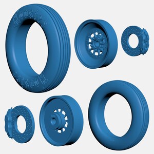 May include: A set of five blue car wheels, including a tire, a rim, a brake rotor, and two different styles of rims.